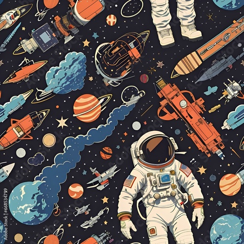 Seamless pattern of an astronaut floating in galaxy with planets and spaceships. Cartoon style. Repeatable image background. Generative AI.