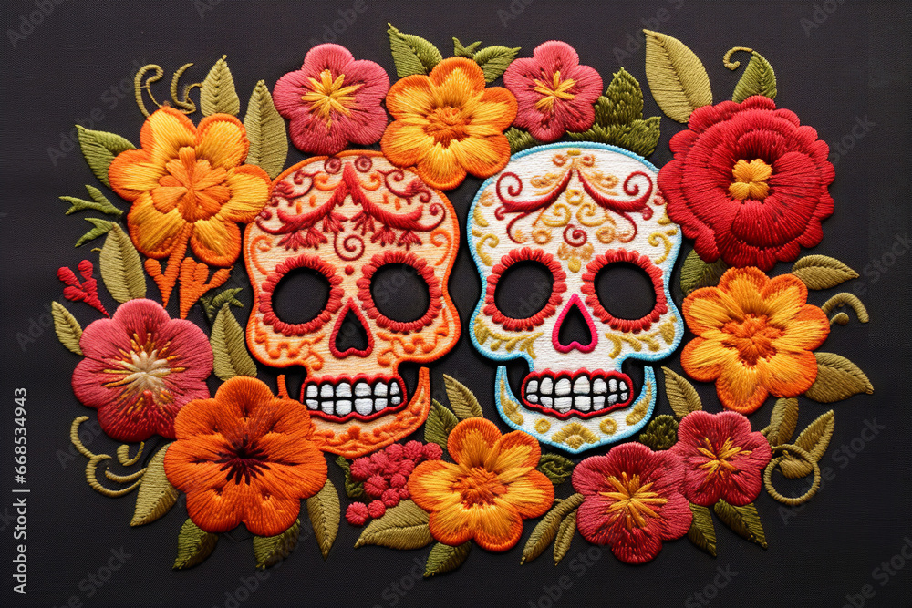 sugar skulls with autumn flowers embroidered machine embroidery design, in the style of halloween, on orange linen,
