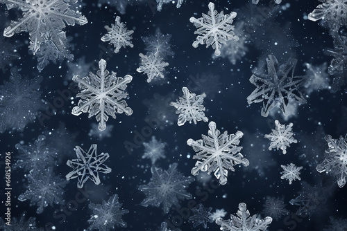 soft white fluffy snowflakes on dark grey background, high detail