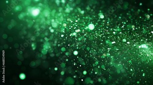 green Sparkling Lights Festive background with texture. Abstract Christmas twinkled bright bokeh defocused and Falling stars. Winter Card or invitation.