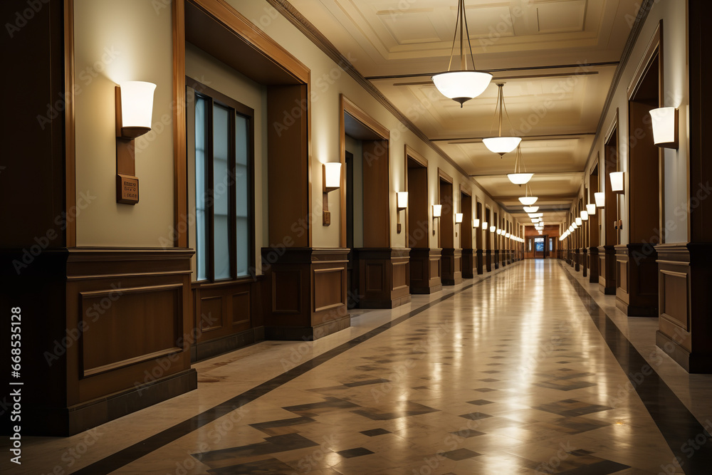 view of a long hallway in a courtroom ,