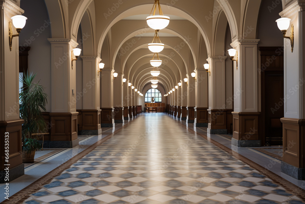 view of a long hallway in a courtroom ,