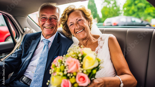 Couple de personnes âgées en tenue de mariage et avec un bouquet de fleurs, assises dans une voiture