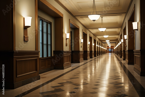view of a long hallway in a courtroom  