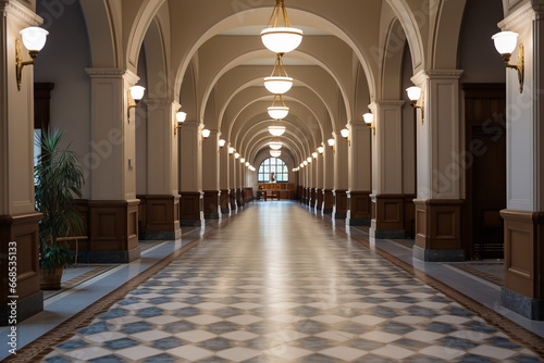 view of a long hallway in a courtroom  