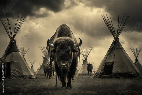 wildlife photography, Buffalo Herd among Teepees of the Blackfoot Tribe, ultra realistic, monochrom, photo