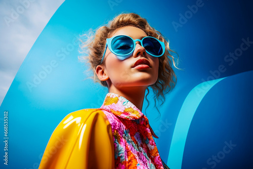 Portrait studio d'une femme dynamique avec lunettes de soleil bleues