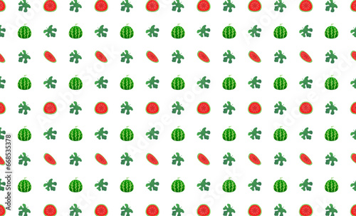Fototapeta Naklejka Na Ścianę i Meble -  Watermelon whole, leaf and slice seamless pattern.Beautiful vector seamless pattern with whole Watermelon, leaves and Watermelon pieces. Doodles. Suitable for wallpaper,  surface textures, textile.