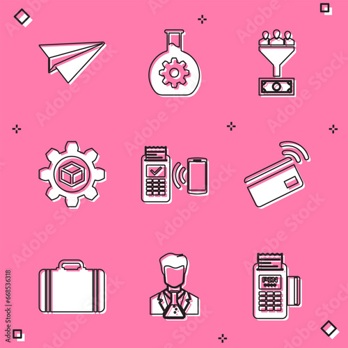 Set Paper plane, Bioengineering, Lead management, Product development, POS terminal and Contactless payment icon. Vector