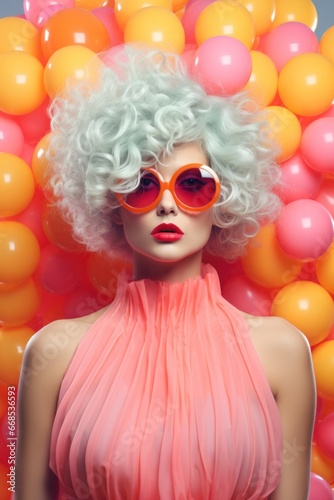 portrait of a woman with curly blue hair and bright orange glasses, balloons behind her