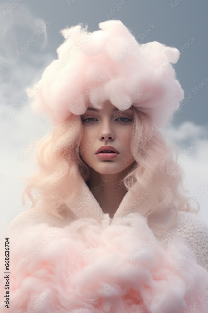 Fashion model in clouds with pink hair 