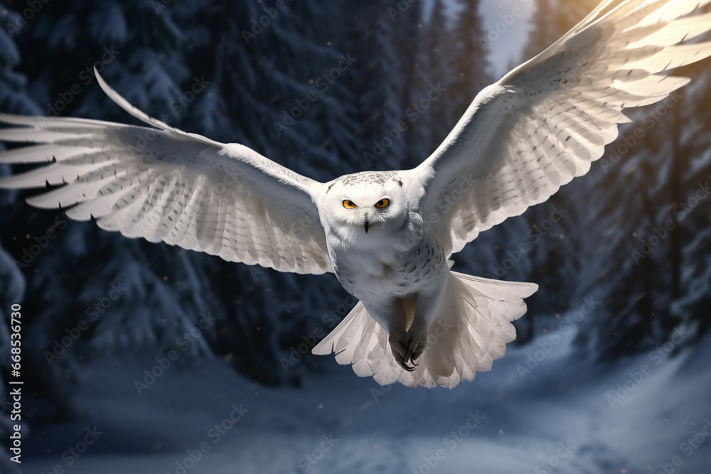 Fototapeta premium A white owl flies through a snowy forest
