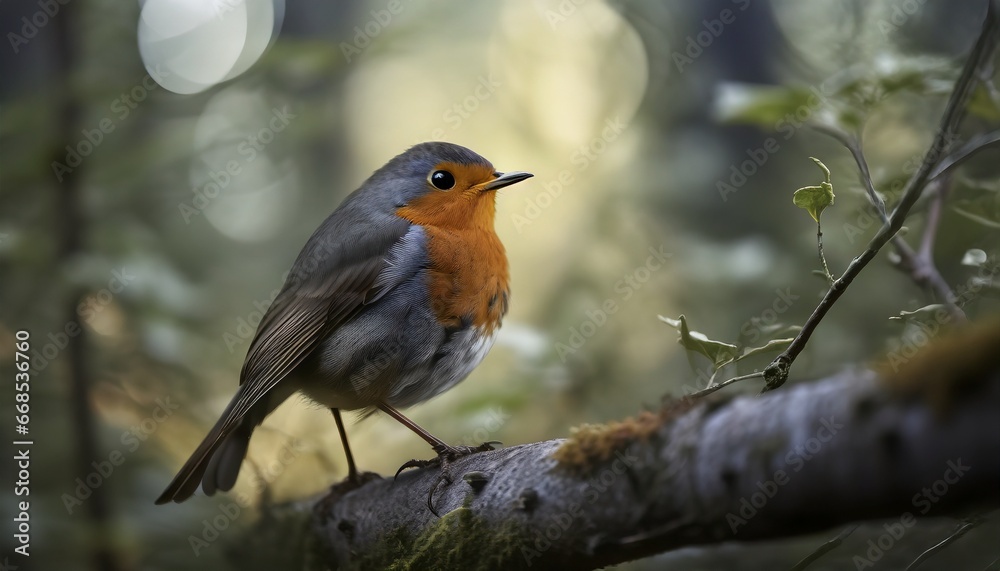A robin in a semi dark forest