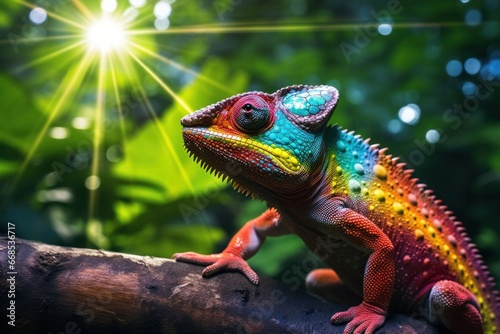 colorful iguana on a tree branch with sun coming through the trees