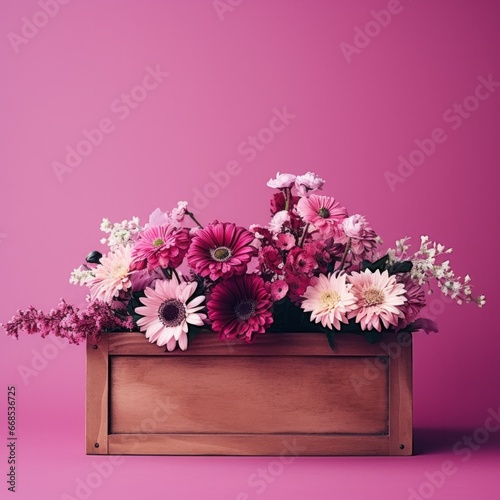 pink flowers in a wooden box on a pink background