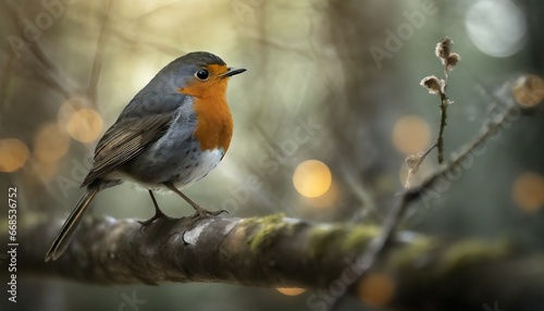 A robin in a semi dark forest