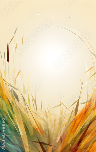 A vertical serene nature-inspired design with gentle arcs of grass and straw, evoking the warmth and tranquility of sunrise. Perfect blank space for a text on a postcard.
