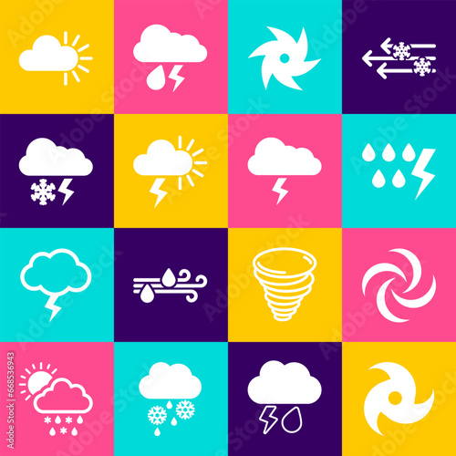 Set Tornado, Storm, Cloud with snow and lightning, Cloudy and icon. Vector