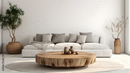 Round wood coffee table near white sofa with grey pillows. Boho, ethnic, tribal style home interior design of modern living room. Generative AI