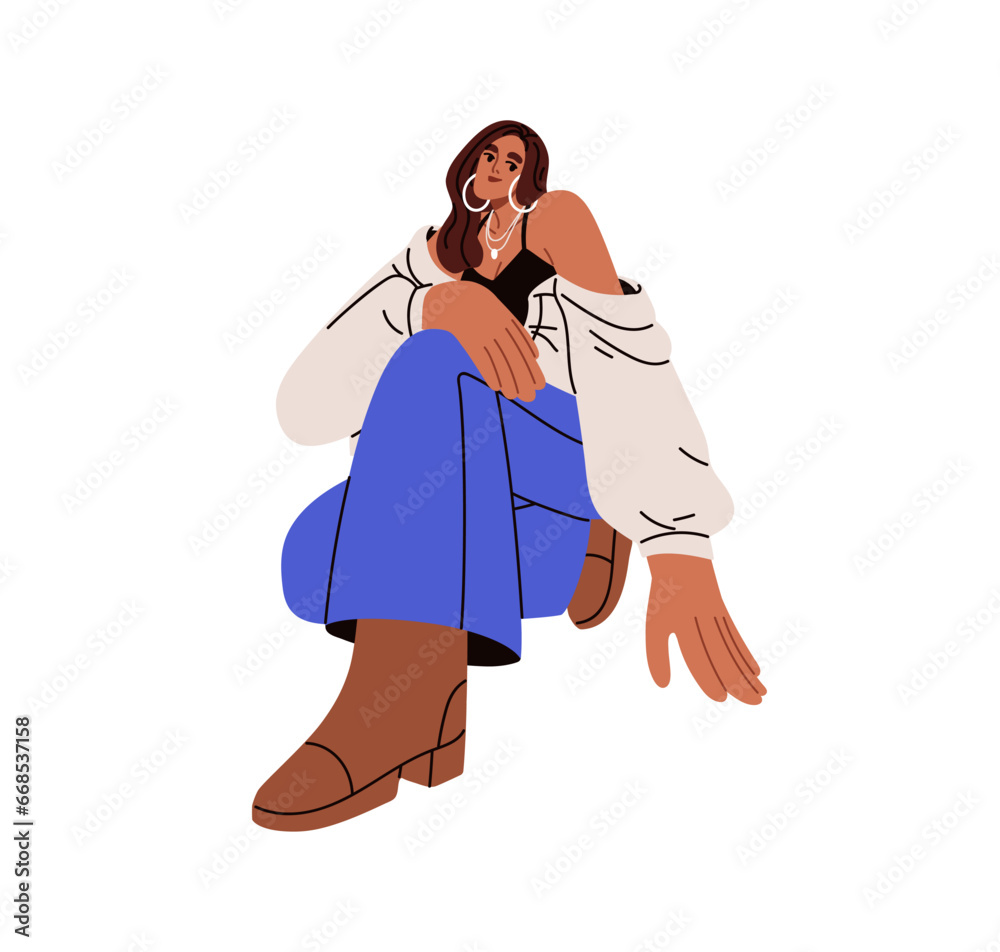 Girl model posing in fashion casual clothes. Young pretty woman in trendy apparel, outfit, kneeling position for photoshoot. Female beauty. Flat vector illustration isolated on white background