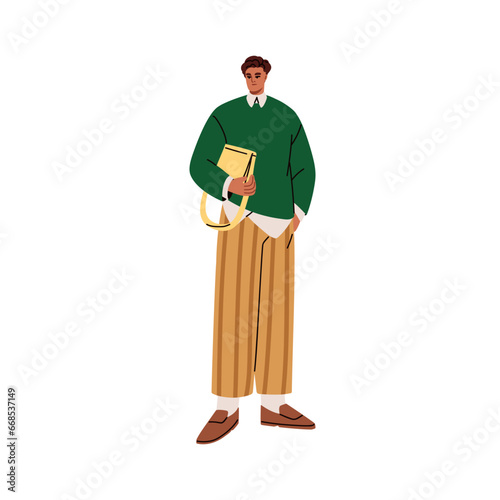 Modern man in fashion outfit. Young elegant guy standing with bag, wearing shirt, pullover and trousers. Male in trendy stylish casual apparel. Flat vector illustration isolated on white background