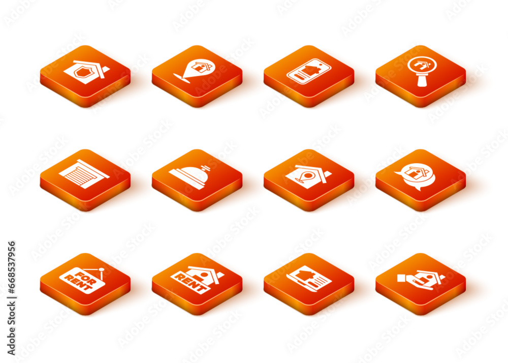 Set Hanging sign with For Rent, Garage, Hotel service bell, Online real estate house, Location, Realtor and message icon. Vector Set Hanging sign with For Rent, Garage, Hotel service bell, Online real estate house, Location, Realtor and message icon. Vector