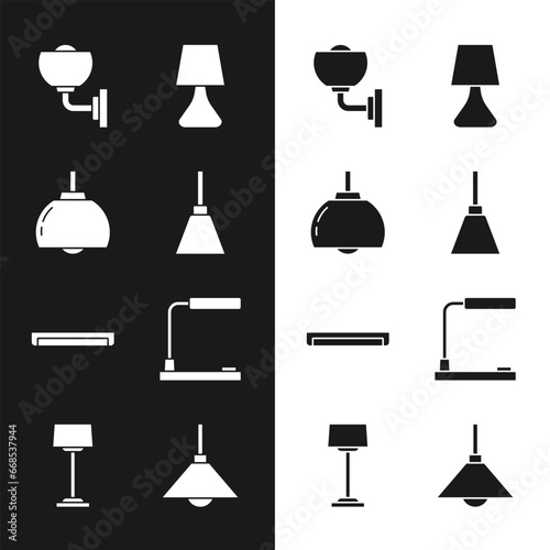 Set Chandelier, Wall lamp or sconce, Table, Fluorescent, Lamp hanging and Floor icon. Vector
