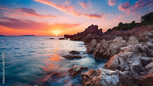 Fiery Sunset Over Rugged Coastal Cliffs © boxstock production
