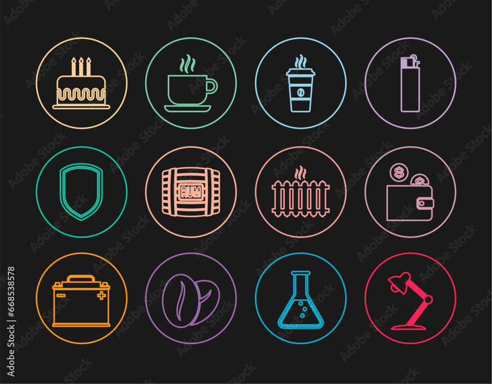Set line Table lamp, Wallet with coin, Coffee cup, Wooden barrel rum, Shield, Cake burning candles, Heating radiator and icon. Vector