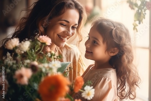 Happy Mother s Day  Daughter congratulates mother with flowers during a celebration with her on Mother s Day during the holiday at home. Generative AI