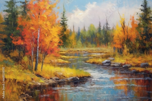 oil painting autumn river view