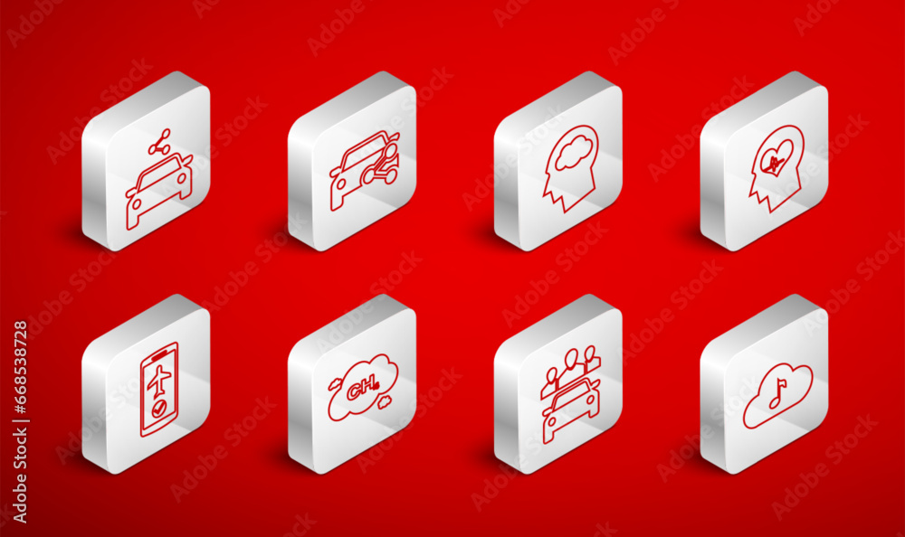 Set line Music streaming service, Car sharing, Head silhouette with cloud, heartbeat, Methane emissions reduction and Flight mode the mobile icon. Vector Set line Music streaming service, Car sharing, Head silhouette with cloud, heartbeat, Methane emissions reduction and Flight mode the mobile icon. Vector