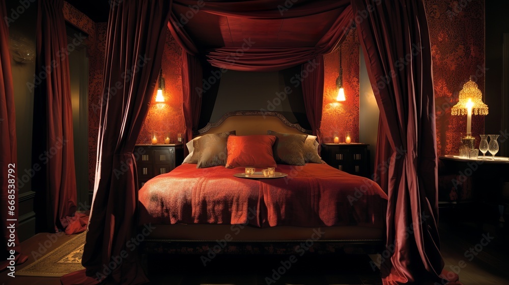 in a beautiful bedroom, a special bed with a canopy, elegant and beautiful in a beautiful bedroom, a special bed with a canopy, elegant and beautiful