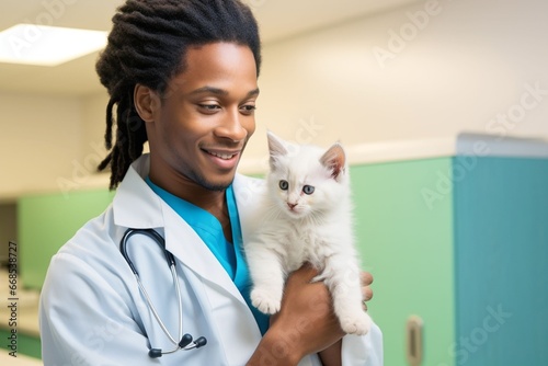 A african american young male veterinarian examines a kitten at modern white