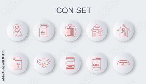 Set line Pet food bowl, Bag of for dog, carry case, Canned cat, Dog award symbol, pet, Collar and icon. Vector