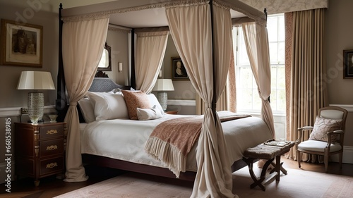 in a beautiful bedroom, a special bed with a canopy, elegant and beautiful © Sndor