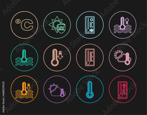 Set line Meteorology thermometer, Thermometer and cloud, sun, Water, Celsius, and UV protection icon. Vector