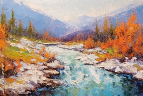 oil painting mountain landscape with water stream