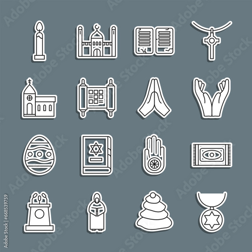 Set line Star of David necklace on chain, Traditional carpet, Hands praying position, The commandments, Decree, paper, parchment, scroll, Church building, Burning candle and icon. Vector