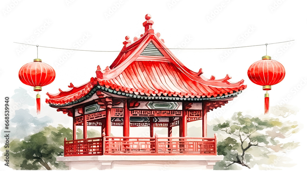 Beautiful pagoda with red New Year lanterns, watercolor drawing for a poster or postcard for Chinese New Year with space to wish happiness and well-being to family and loved ones Beautiful pagoda with red New Year lanterns, watercolor drawing for a poster or postcard for Chinese New Year with space to wish happiness and well-being to family and loved ones