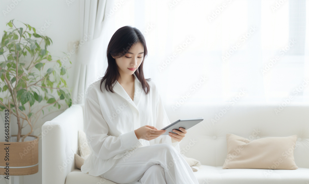 Young beautiful asian woman using smart device and sitting on couch in modern living room. Young beautiful asian woman using smart device and sitting on couch in modern living room.