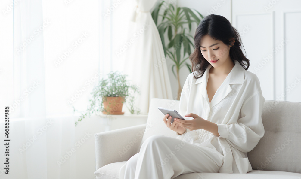 Young beautiful asian woman using smart device and sitting on couch in modern living room. Young beautiful asian woman using smart device and sitting on couch in modern living room.