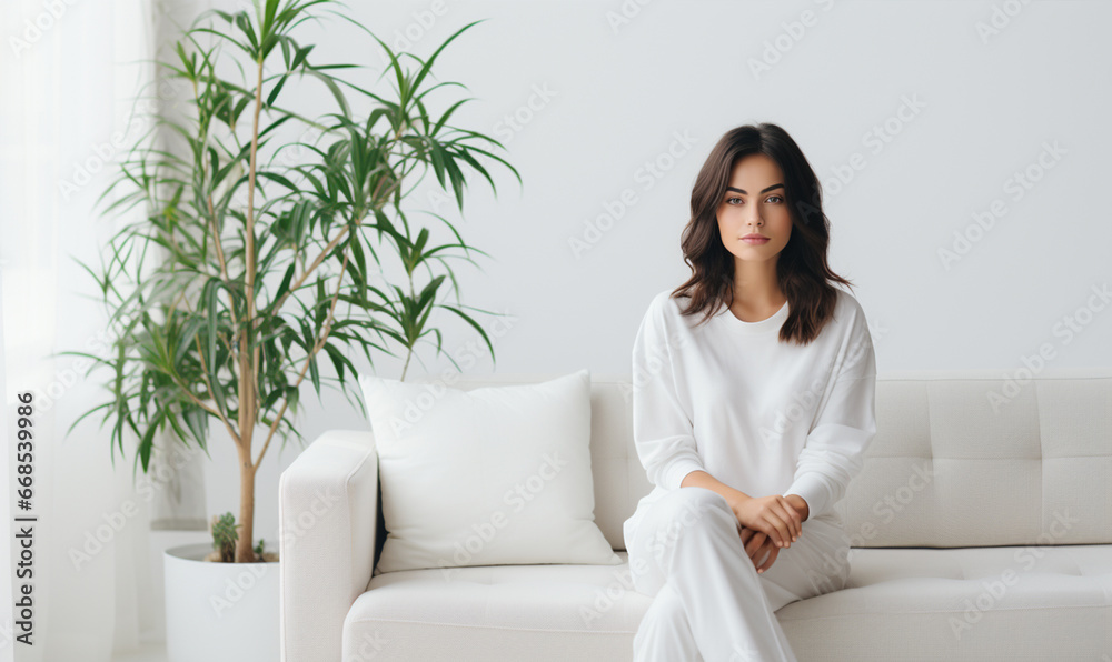 Young beautiful woman sitting on couch at her room, modern living Young beautiful woman sitting on couch at her room, modern living