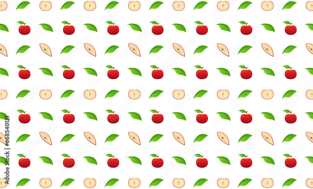 Apple whole, leaf and slice seamless pattern.Beautiful vector seamless pattern with whole Apple, leaves and Apple pieces. Doodles. Suitable for wallpaper,  surface textures, textile.