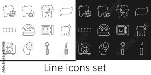 Set line Dental explorer scaler, Tooth whitening, Teeth with braces, floss, Dentures model, protection, clinic location and caries icon. Vector