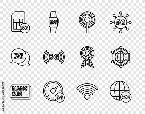 Set line Nano Sim Card, 5G network, Antenna, Digital speed meter, Wi-Fi wireless and Social icon. Vector
