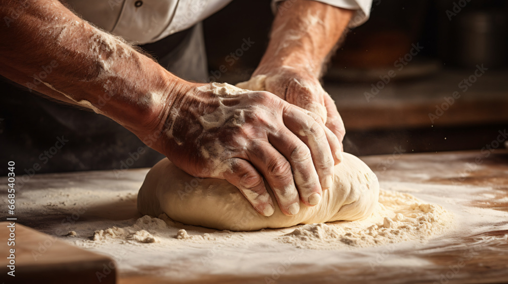 Hands of a baker working the dough to make the bread