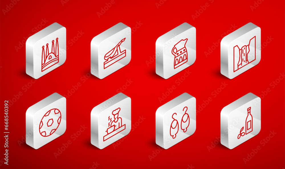 Set line Bottle of olive oil, Spanish jamon, Sangria pitcher, Algar waterfall, Earrings, Sagrada Familia, cook and Football ball icon. Vector Set line Bottle of olive oil, Spanish jamon, Sangria pitcher, Algar waterfall, Earrings, Sagrada Familia, cook and Football ball icon. Vector