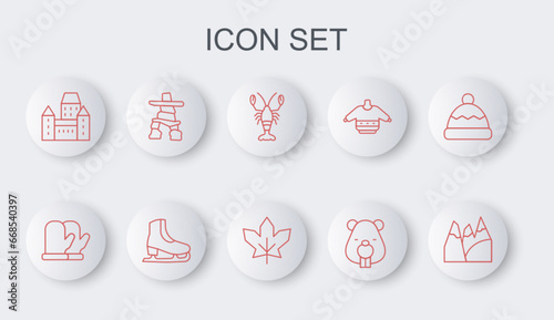Set line Mountains, Christmas mitten, Lobster, Beaver animal, Chateau Frontenac hotel, Inukshuk, Skates and Canadian maple leaf icon. Vector