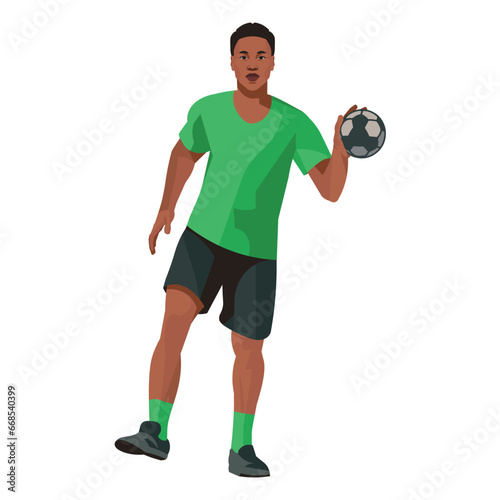 South African handball player in a green uniform who stands and holds the ball in his hand taking aim